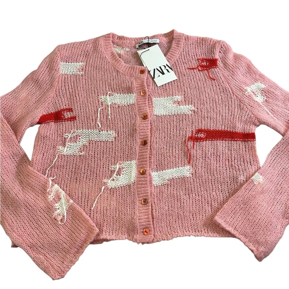 NWT ZARA Distressed‎ Knit Cropped Cardigan Sweater Pink Red White Medium